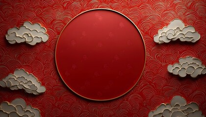 Lunar New Year design background with circle frame and clouds, 3D pattern, red eastern template with copy space.