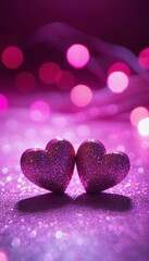 Fototapeta premium Two Pink Glitter Hearts on Sparkling Bokeh Background – Romantic Valentine's Day Concept