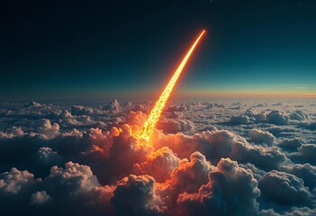 Fiery rocket trail piercing clouds, signifying space exploration,  upward,  vertical
