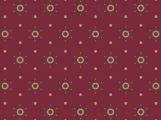 Seamless geometric pattern with repeating beige and olive green star shapes on a deep burgundy background.