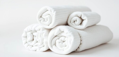 Fototapeta premium Neatly rolled soft terrycloth towels, plush texture, white background, soft, terry cloth