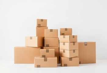 Fototapeta premium Neatly stacked brown cardboard boxes varying in size against a clean white background, texture, kraft