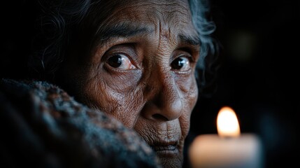 An elderly woman gazes poignantly into the camera, her face illuminated by candlelight, revealing her intricate features and evoking deep emotions about aging and wisdom.