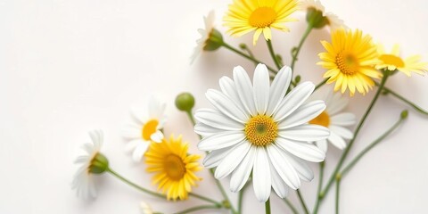 Obraz premium Single white daisy blossom, isolated on white backdrop Flat lay, top view, daisy flower, clean