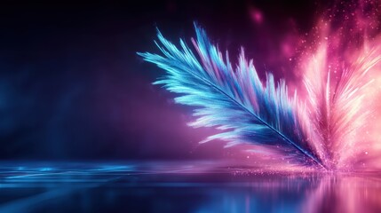 Fototapeta premium An abstract representation of a feather unfolds in vivid blues and pinks, creating a captivating blend of color and light that symbolizes creativity and imagination.