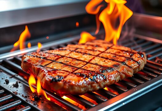 Sizzling steak grilling on stainless steel grill, fiery flames backdrop, steak, beef