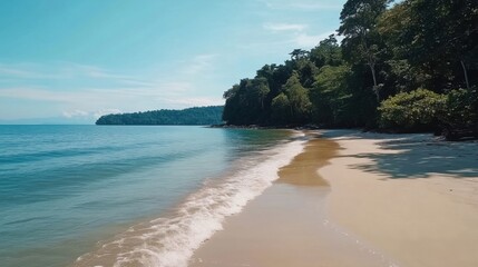 Obraz premium Tropical Beach with Trees and Ocean Waves