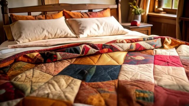 Comfortable rustic bedroom featuring a handmade patchwork quilt, soft pillows, and wooden furniture in warm lighting, promoting cozy living.