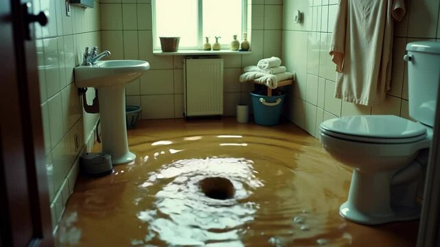 Clogged bathroom drain causes significant overflow in shared apartment, leading to water pooling in floor.