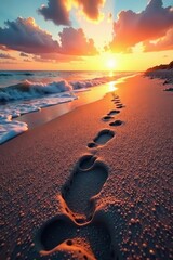 Single set of footprints leading towards distant horizon, seascape, red, journey