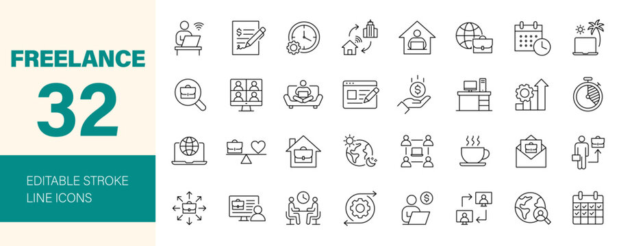 Freelance icon set. Containing work online, remote work, freelancer, home office, client meeting, self-employed, side hustle, digital nomad and more. Editable line icons. Vector illustration.