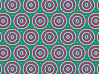 Seamless pattern of concentric circles in teal, pink, and red on a green background, creating a retro and vibrant design.