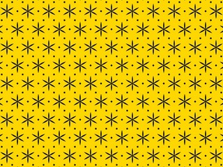 Geometric seamless pattern featuring black starbursts on a vibrant yellow background, ideal for textile, wallpaper, and branding designs.