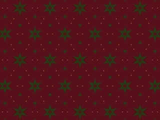 Seamless festive pattern with repeating green stars and small geometric shapes on a deep red background, perfect for holiday designs.