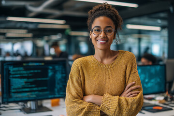 Smiling young woman working as software engineer