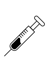 A simple drawing of a medical syringe.
 Black and white icon of an injection
