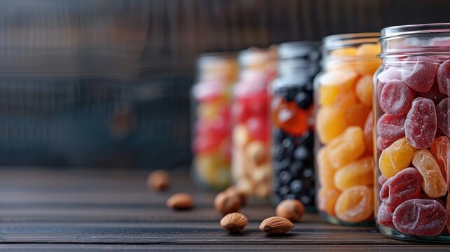 A delightful collection of colorful jars filled with assorted candies sits on a rustic wooden table, evoking nostalgia, joy, and the sweetness of childhood memories.