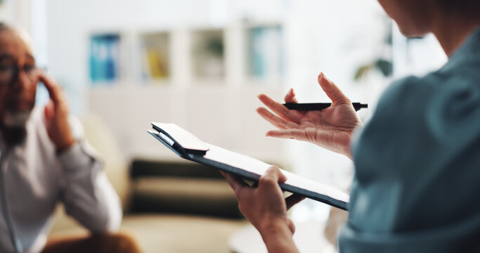 Fototapeta Therapy, hands and mature patient for clipboard, consulting and support with grief at clinic. People, psychologist and counselling for mental health, anxiety and checklist with caregiver advice