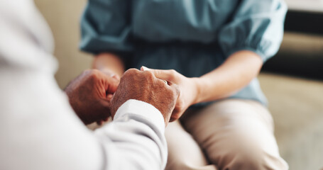 Holding hands, empathy and psychologist with patient, mental health and trust with trauma or...