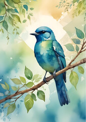 Blue Bird on Branch: A vibrant blue bird perches serenely on a branch, surrounded by lush green foliage, in a watercolor painting style.