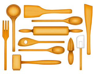 Kitchen Tools, Wood grain spoons, fork, wood spatulas, rubber spatula, rolling pin, tenderizer, citrus reamer. Eleven popular kitchen utensils in decorative pattern. Isolated on white background