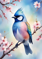 Watercolor Bird Amidst Cherry Blossoms: A stunning watercolor depiction of a vibrant bird perched on a branch of a blooming cherry blossom tree, epitomizing springtime tranquility.