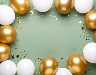 Festive Gold and White Balloons Frame on Sage Green Background