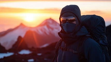 Person in Mountaineering Gear with Backpack Against Mountain Peaks at Sunrise