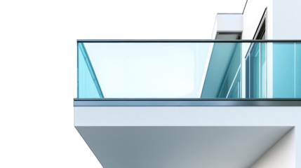 Modern balcony glass railing, white building corner view