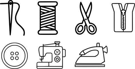 Fototapeta premium Sewing Tools Vector Icon Set – Needle, Thread, Scissors, Zipper, Button, Sewing Machine and Iron Line Art for Tailoring and Craft Projects