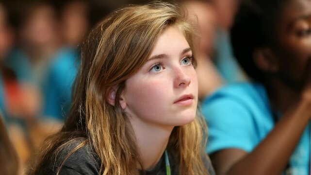 Closeup of a young camper eagerly listening to a guest speaker share their testimony and how their faith has helped them overcome challenges in their life.