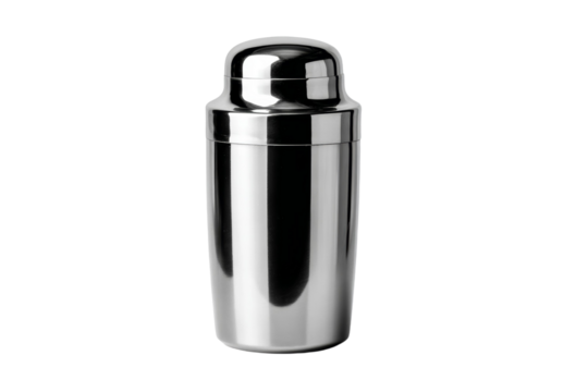 A silver container with a lid sits on a white background - Powered by Adobe