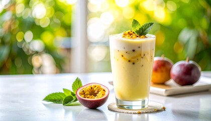 A refreshing passion fruit smoothie garnished with fresh mint and pulp sits beside ripe peaches, showcasing a vibrant, healthy beverage on a bright sunny day.