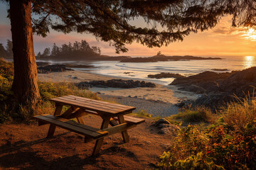Beach picnic at sunset