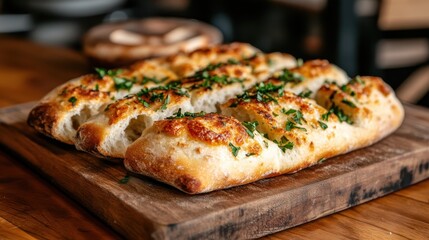 An appetizing view of freshly baked garlic bread, topped with aromatic herbs, displayed on a wooden board, enticing food lovers with its golden crust and savory aroma.