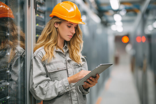 Female technician inspecting servers with a tablet