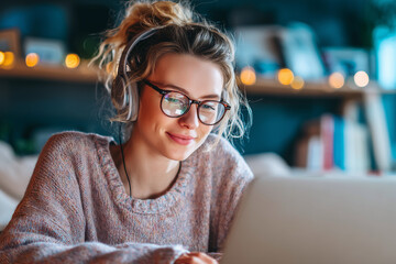 Woman with headphones using laptop at home