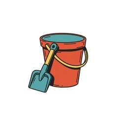 Red Plastic Bucket and Teal Shovel Beach Toys