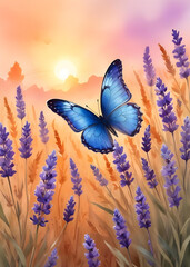 Lavender Field & Butterfly: A mesmerizing view of a solitary blue butterfly soaring effortlessly amidst a lavender field, embodying the freedom of nature in the serene sunset light. 