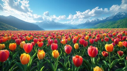 Vibrant display of tulips in a vast field with backdrop of majestic mountains