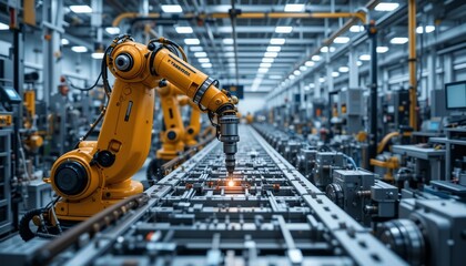 Fototapeta premium Automated Industrial Robotic Arm Manufacturing Process in Modern Factory