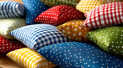 Obraz premium Colorful checkered and polka dot pillows arranged in a cozy display