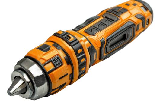 Orange, black, metallic screwdriver. Close-up, angular shape