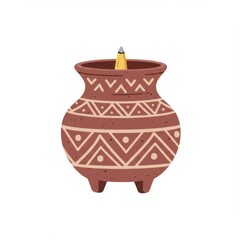 Brown Clay Pot with Geometric Pattern and Pencil