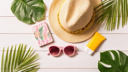 Flat lay summer vacation essentials arranged on white wood evokes relaxation and carefree travels