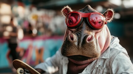 This humorous and quirky image features a hippo wearing bright sunglasses and holding a skateboard, presenting a playful and whimsical take on animal characterizations in urban environments.