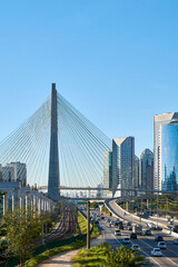 Cityscape with cable-stayed bridge, and city traffic in São Paulo city.