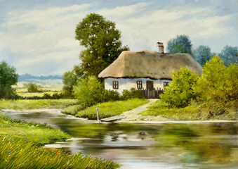 Old house on the river bank, paintings rural landscape, fine art