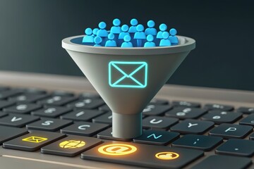 3D illustration of a funnel containing user icons, representing data flow and user engagement concepts. Concept of Marketing Automation: Converting Leads via Email.