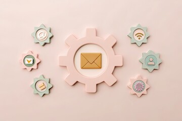 3D illustration of a gear icon integrated with a mail symbol, representing technology and communication concepts. Concept of Marketing Automation: Converting Leads via Email.